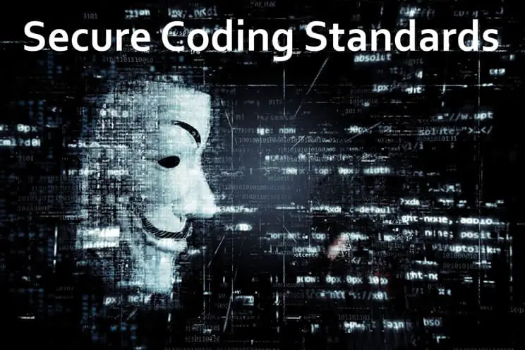 Hacktivist mask with images of software code in background